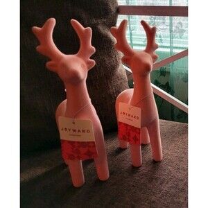Deer Figurines in Coral Orange Joyward Flocked 9.6" Soft Feel, Set of 2 - NEW